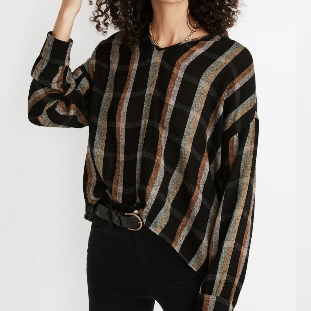 Madewell Highroad Popover Shirt Plaid Black Tan V Neck Peasant Top Light Small